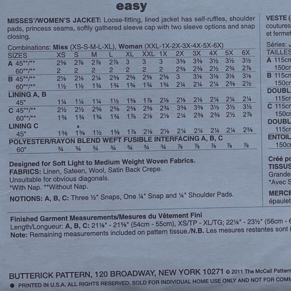 Butterick B5720 Sewing Pattern Women’s Jacket Sizes XS-6X Modern Fit - Picture 3 of 3